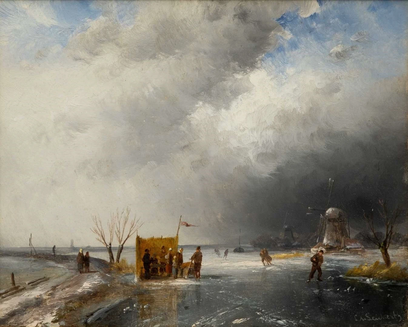 Charles Leickert - Un paesaggio invernale olandese con pattinatori vicino a un koek, en, zopie